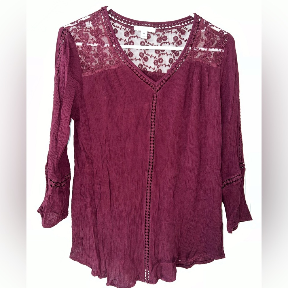 John Paul Richard - burgundy colored blouse with shear panels size medium